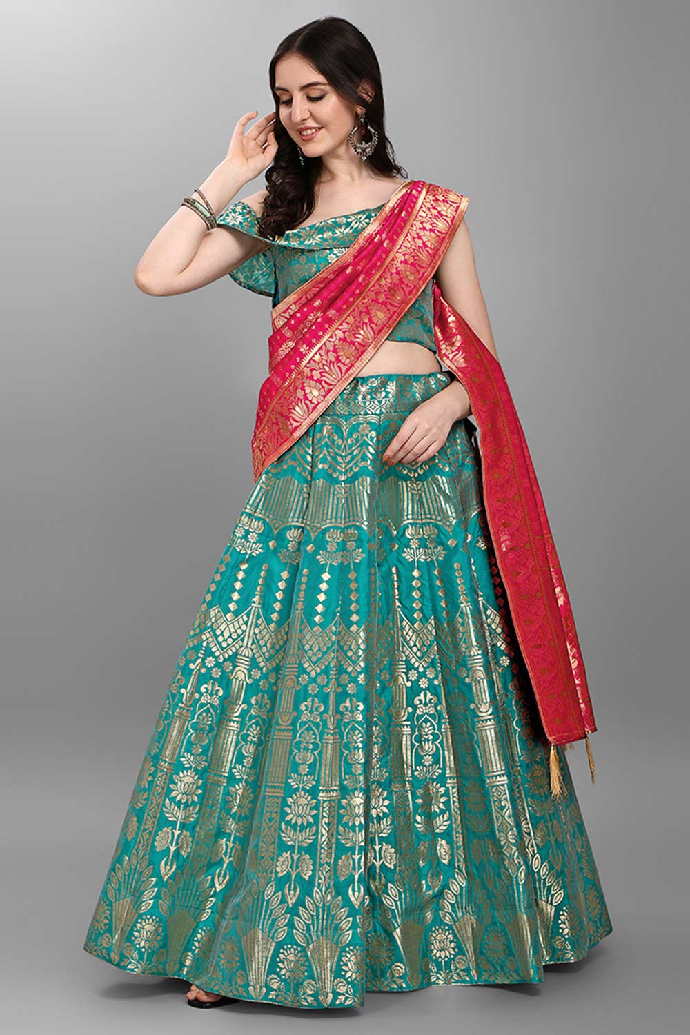 Sea Green Jacquard Woven Lehenga Choli