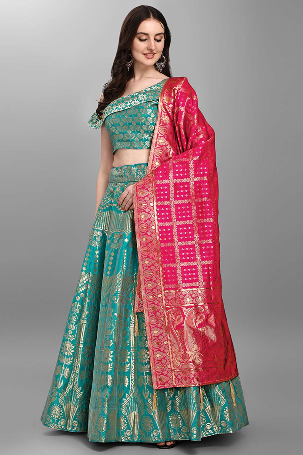 Sea Green Jacquard Woven Lehenga Choli