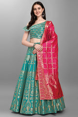 Sea Green Jacquard Woven Lehenga Choli