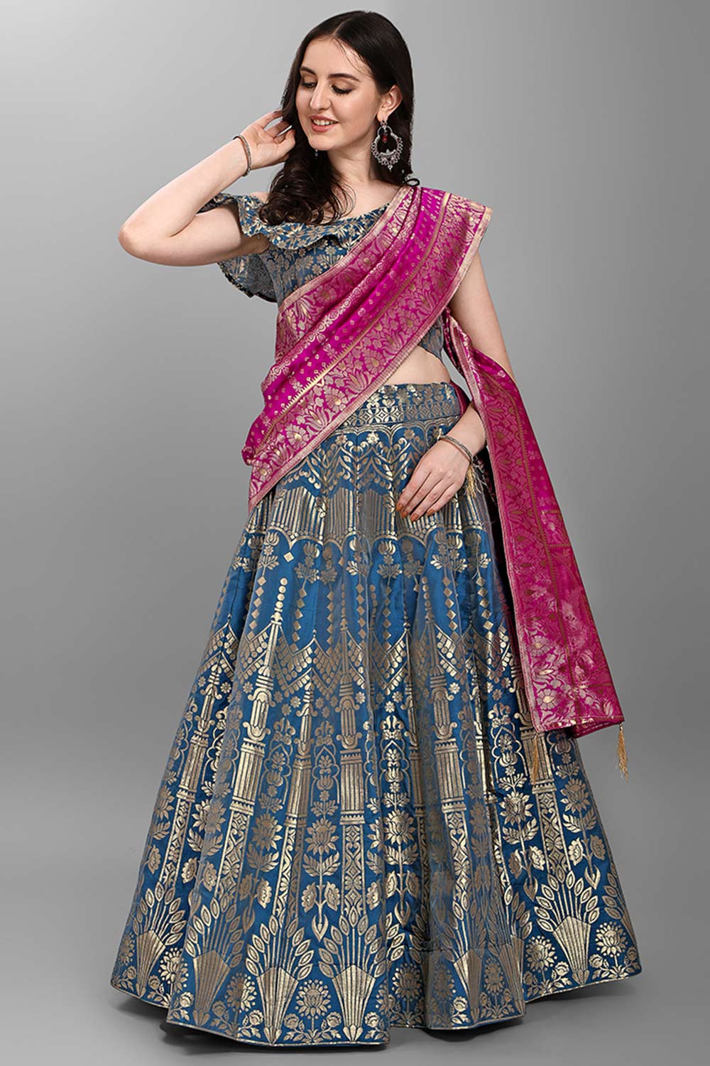 Teal Jacquard Woven Lehenga Choli