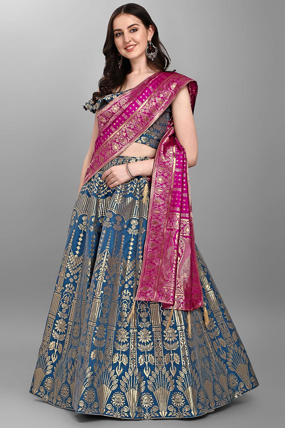 Teal Jacquard Woven Lehenga Choli