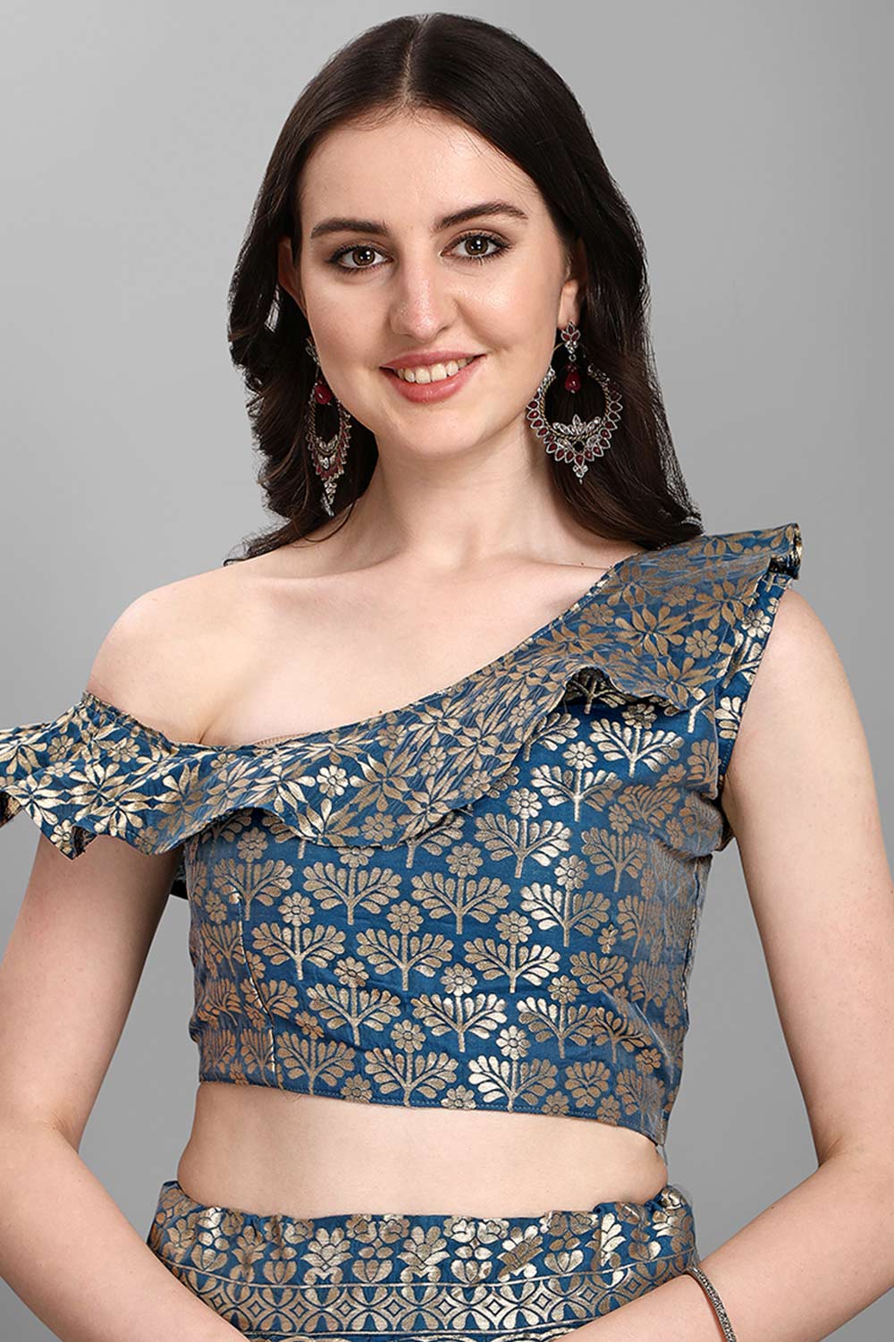 Teal Jacquard Woven Lehenga Choli