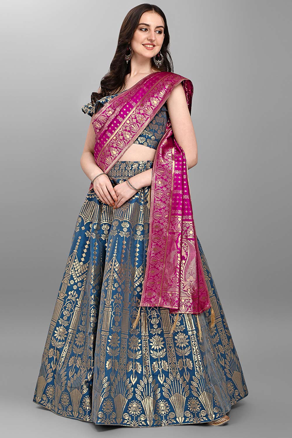 Teal Jacquard Woven Lehenga Choli