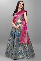 Teal Jacquard Woven Lehenga Choli