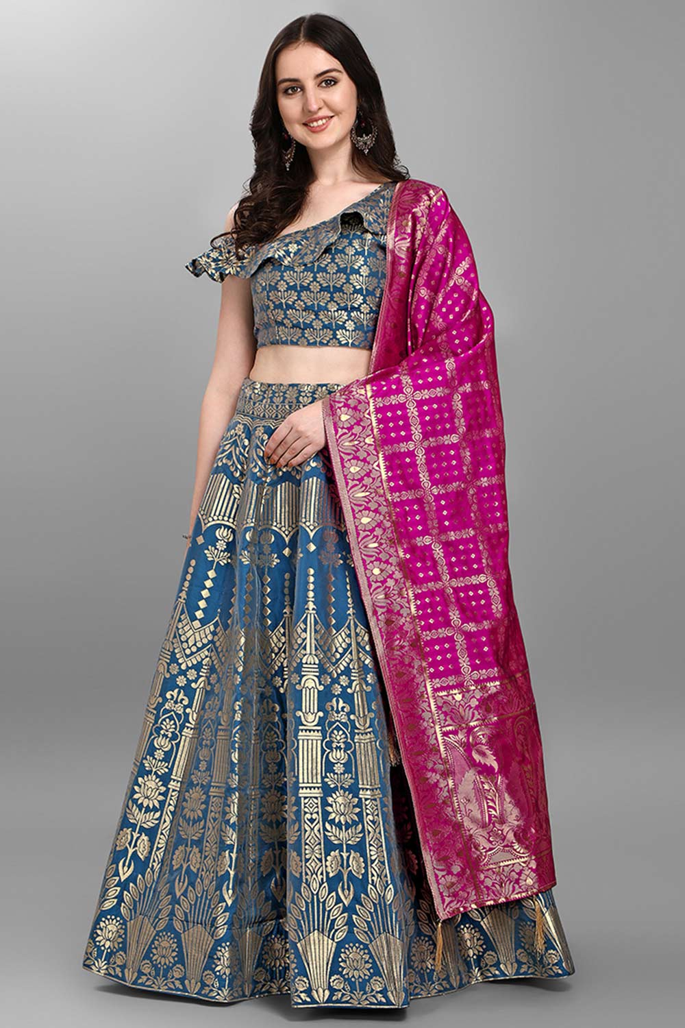 Teal Jacquard Woven Lehenga Choli