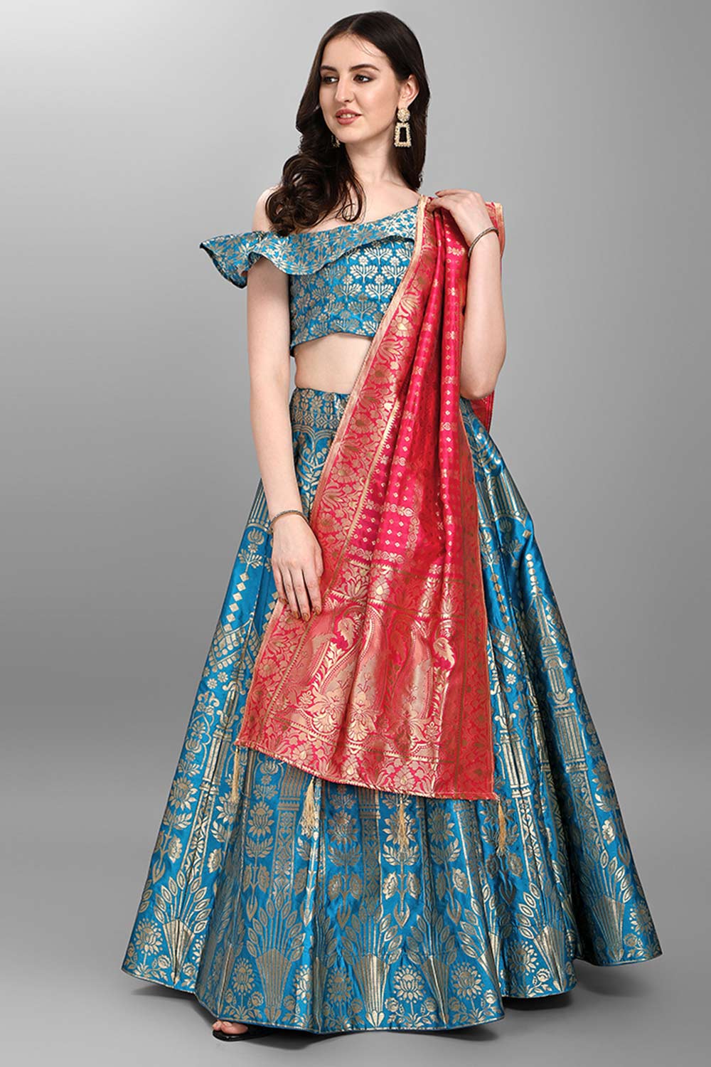 Turquoise Jacquard Woven Lehenga Choli