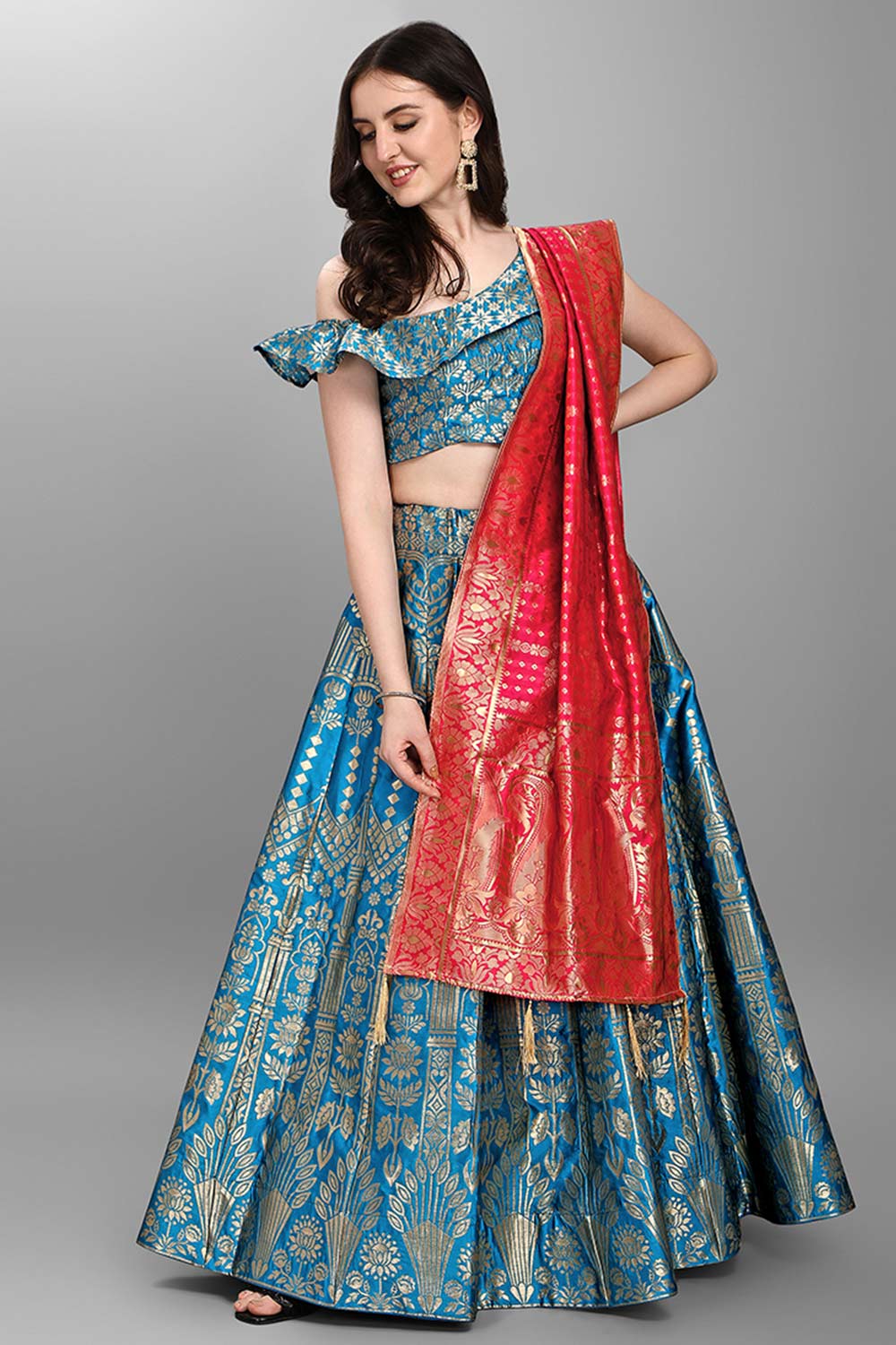 Turquoise Jacquard Woven Lehenga Choli