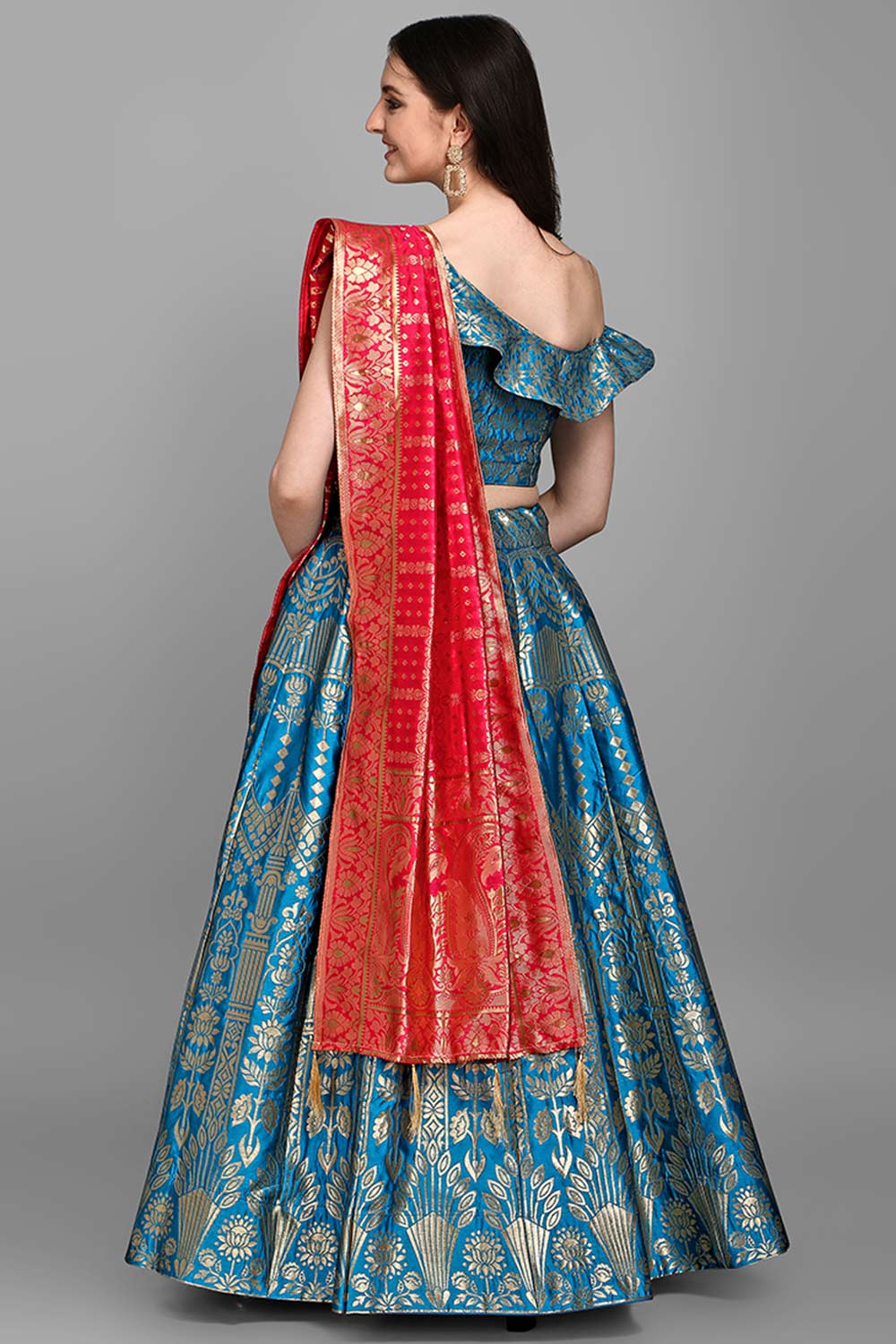 Turquoise Jacquard Woven Lehenga Choli