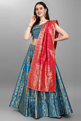 Turquoise Jacquard Woven Lehenga Choli