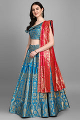 Turquoise Jacquard Woven Lehenga Choli