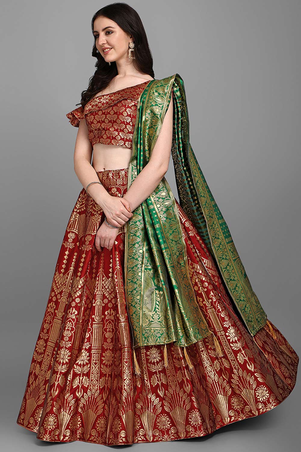 Red Jacquard Woven Lehenga Choli