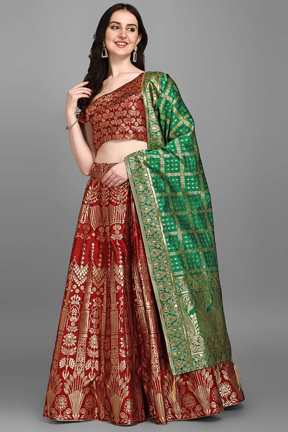 Red Jacquard Woven Lehenga Choli