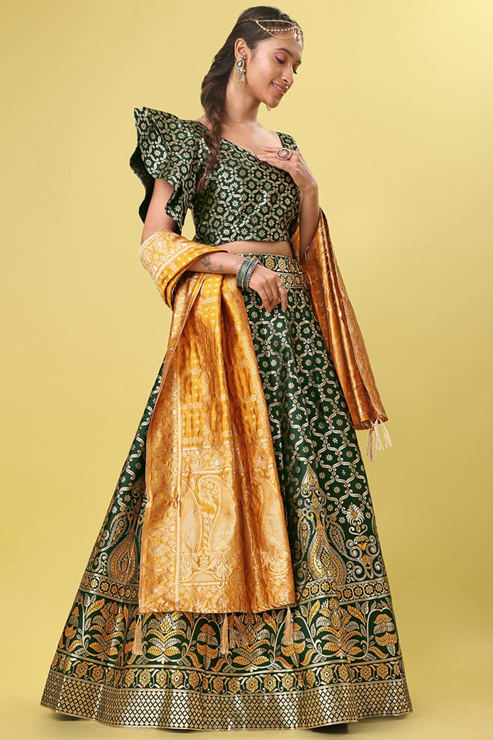 Dark Green Jacquard Woven Lehenga Choli