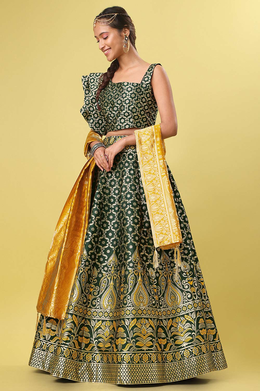 Dark Green Jacquard Woven Lehenga Choli