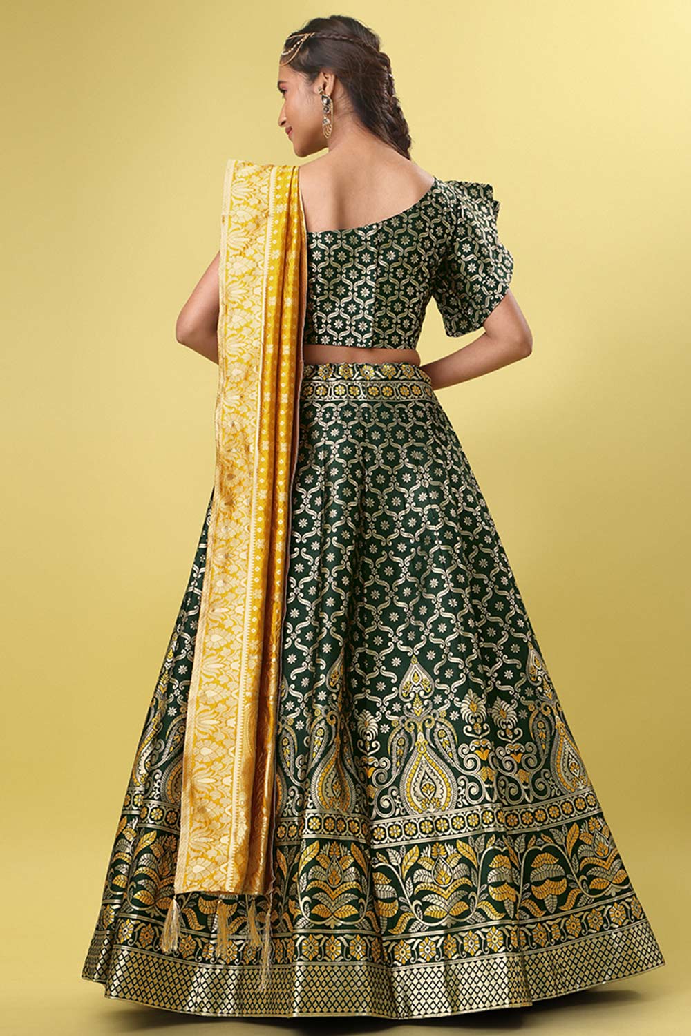 Dark Green Jacquard Woven Lehenga Choli