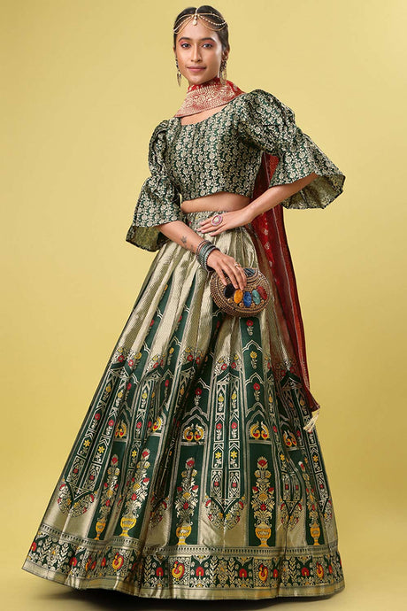 Dark Green Jacquard Woven Lehenga Choli