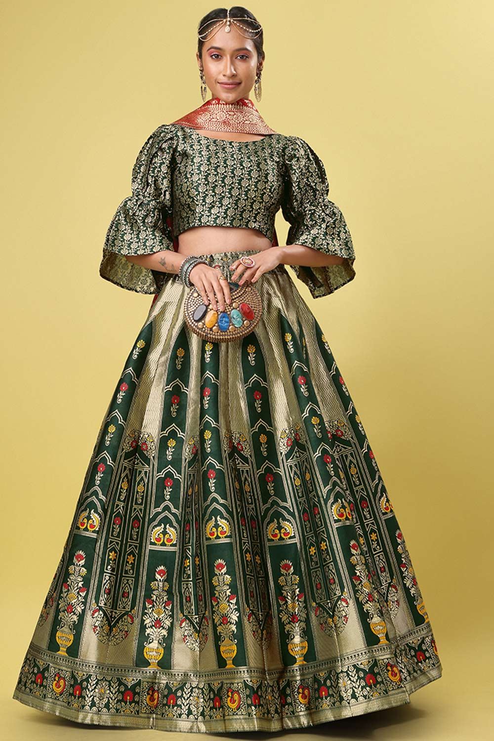 Dark Green Jacquard Woven Lehenga Choli