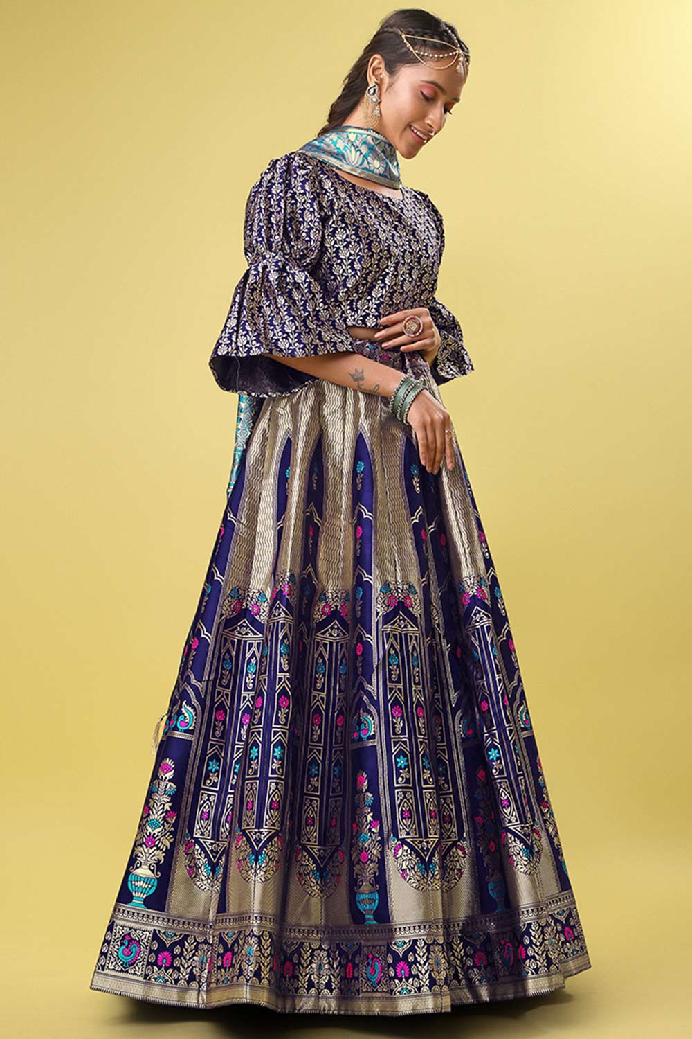 Navy Blue Jacquard Woven Lehenga Choli