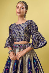 Navy Blue Jacquard Woven Lehenga Choli