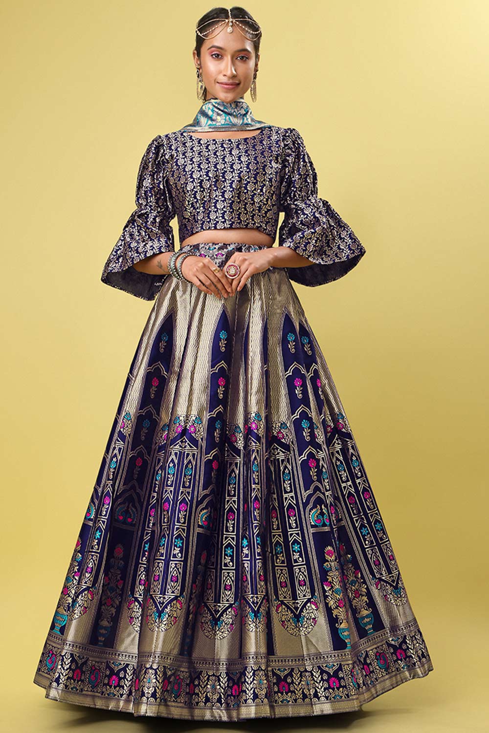 Navy Blue Jacquard Woven Lehenga Choli