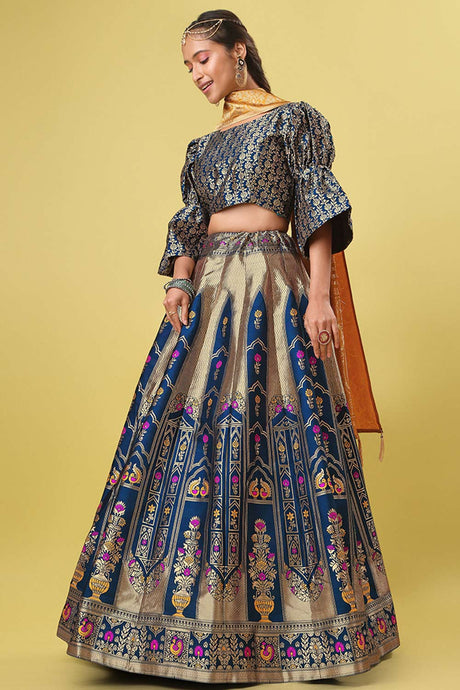 Turquoise Jacquard Woven Lehenga Choli