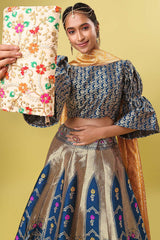 Turquoise Jacquard Woven Lehenga Choli