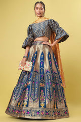 Turquoise Jacquard Woven Lehenga Choli