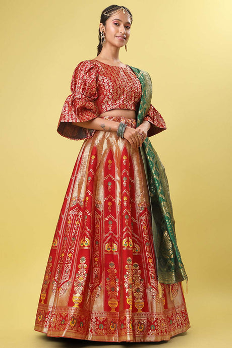 Red Jacquard Woven Lehenga Choli