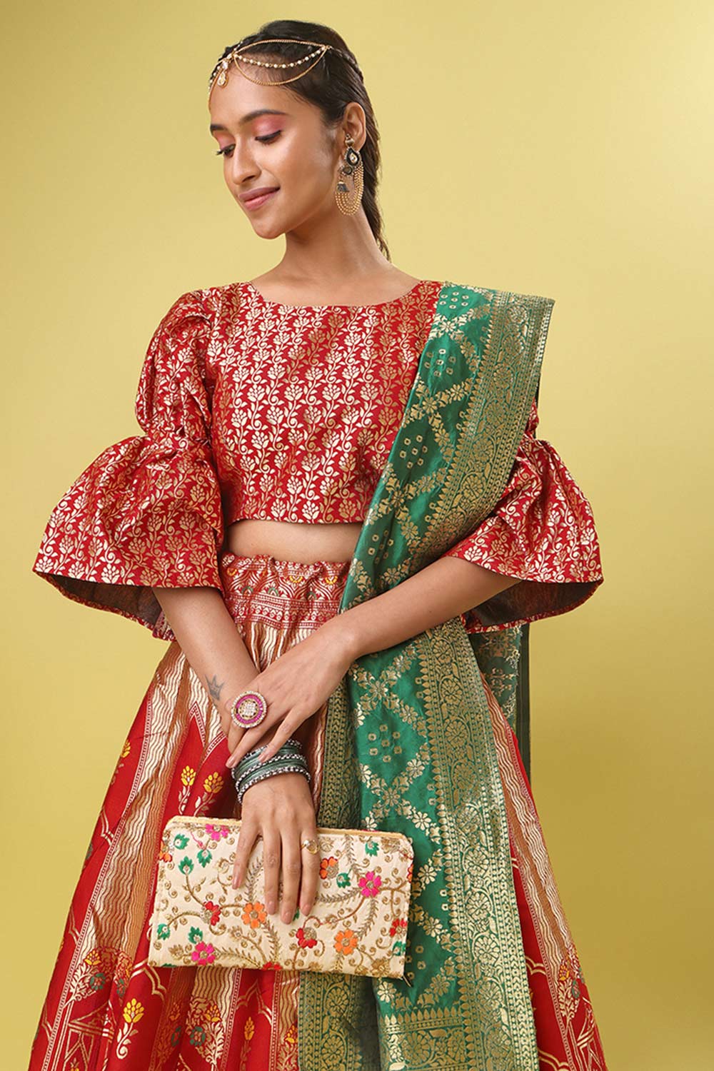 Red Jacquard Woven Lehenga Choli