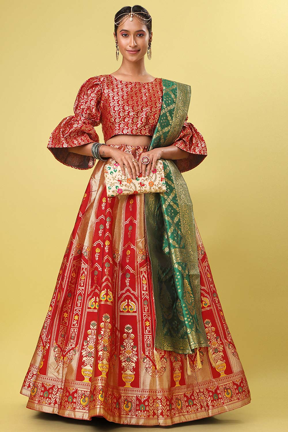 Red Jacquard Woven Lehenga Choli