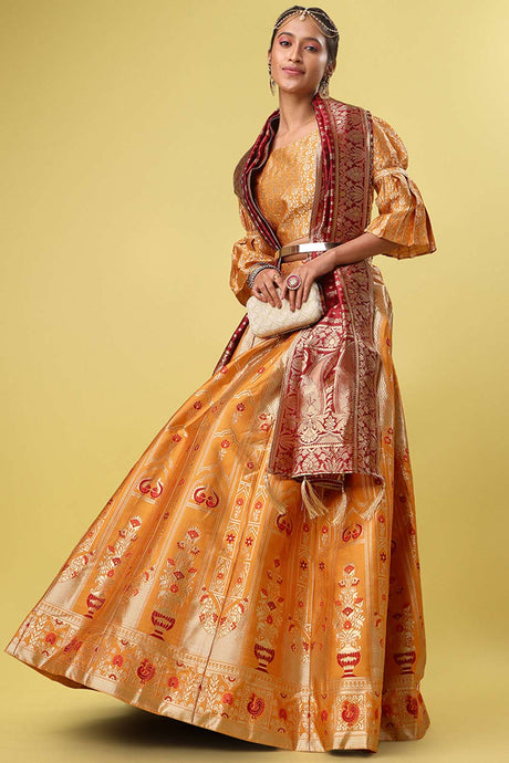 Orange Jacquard Woven Lehenga Choli