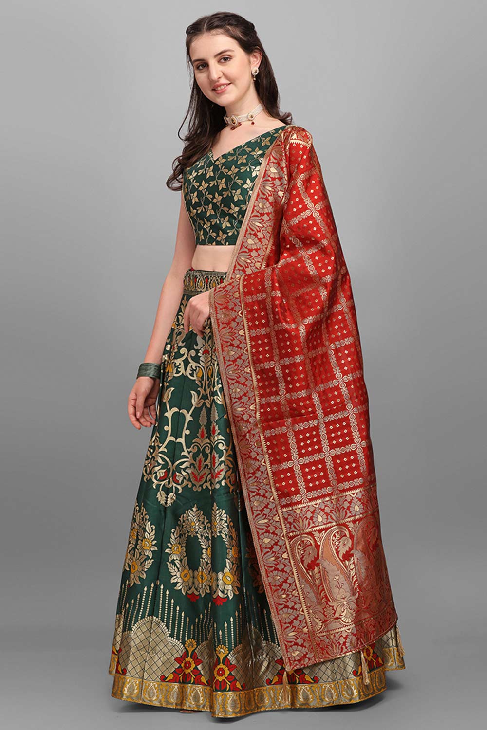 Dark Green Jacquard Woven Lehenga Choli