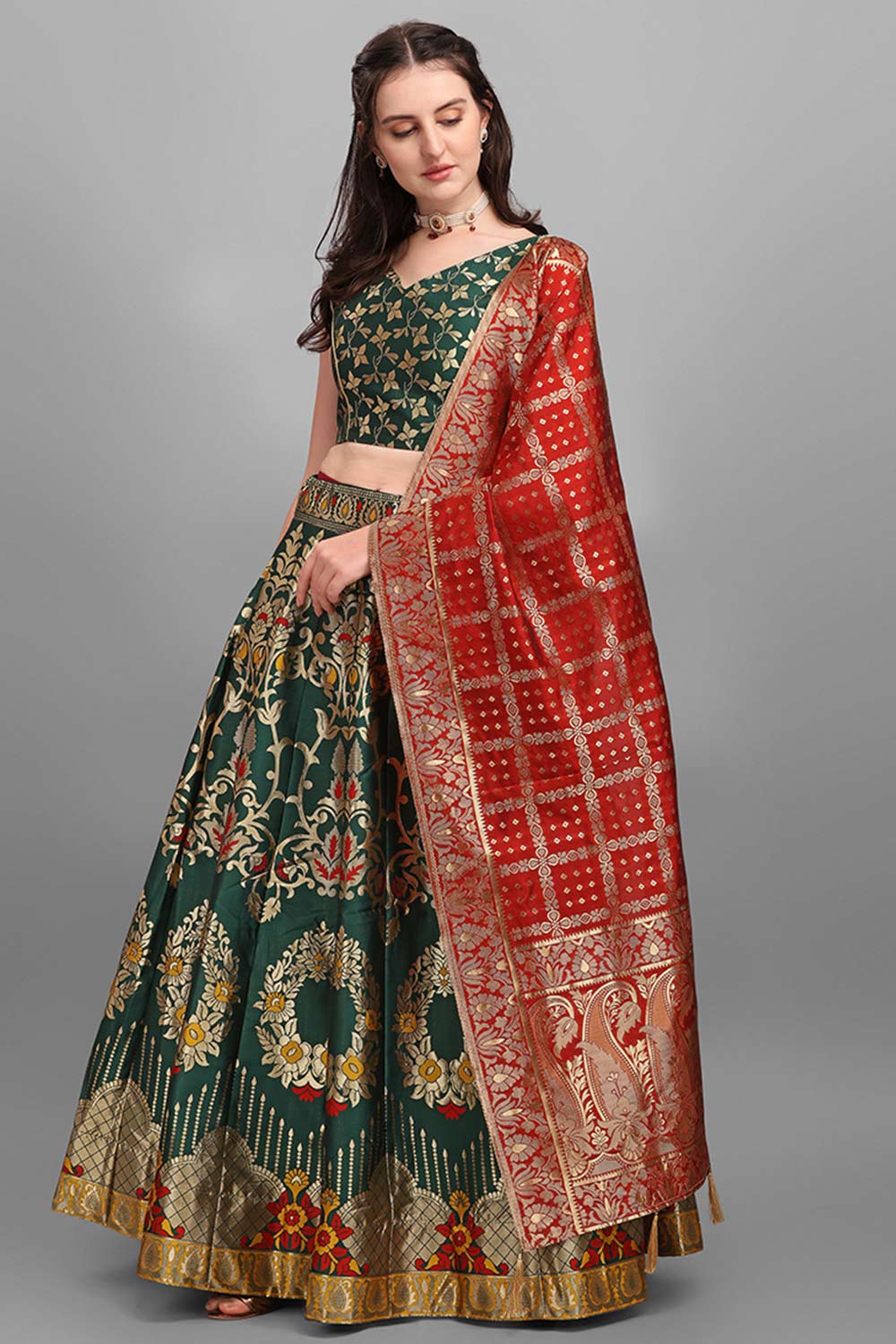 Dark Green Jacquard Woven Lehenga Choli