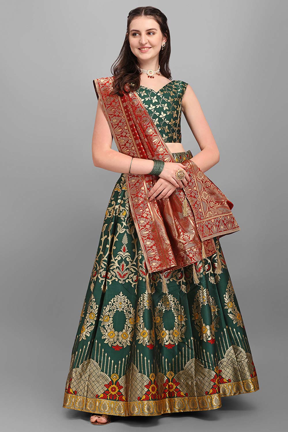 Dark Green Jacquard Woven Lehenga Choli