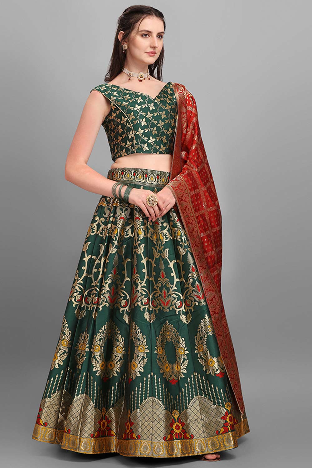 Dark Green Jacquard Woven Lehenga Choli