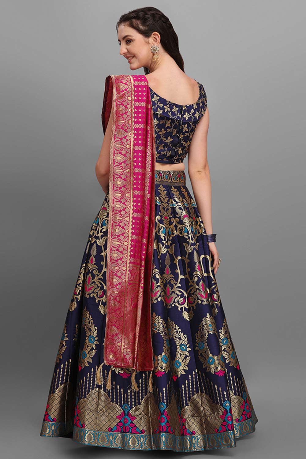 Navy Blue Jacquard Woven Lehenga Choli