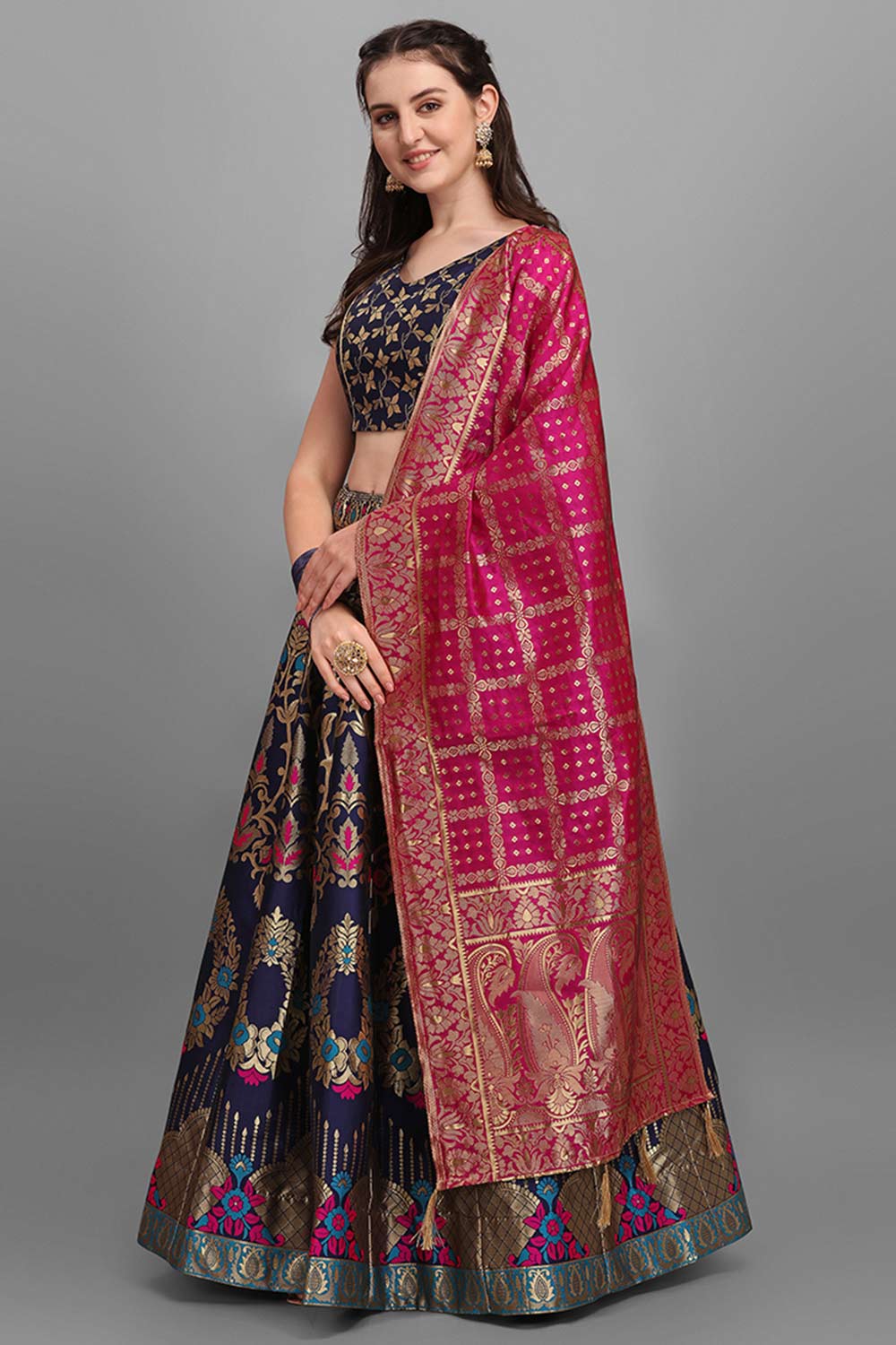 Navy Blue Jacquard Woven Lehenga Choli