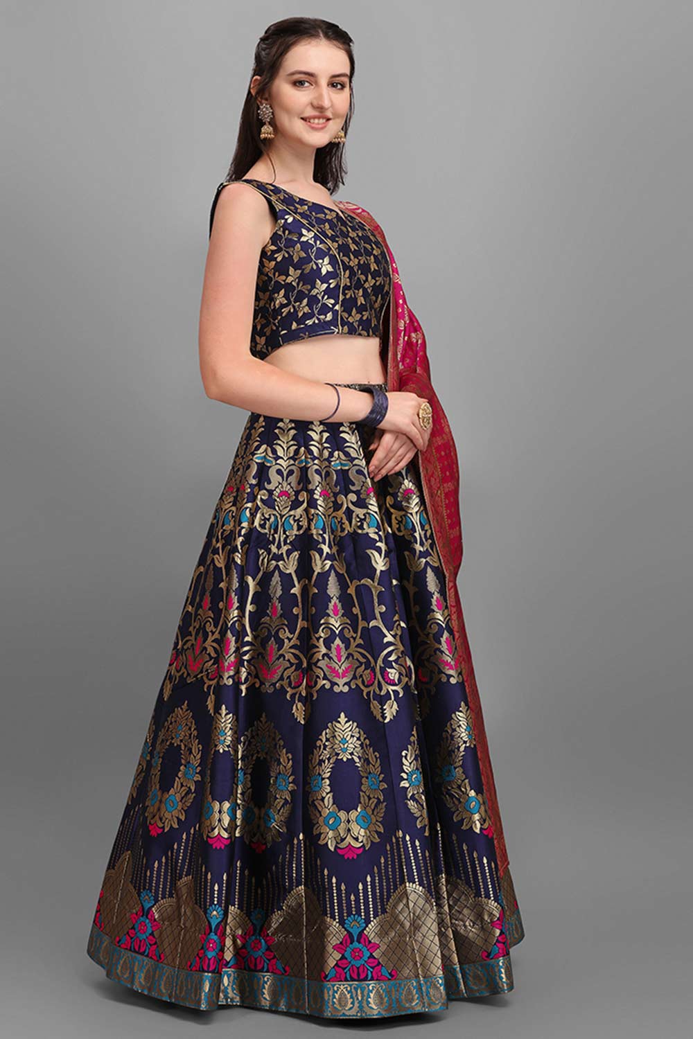 Navy Blue Jacquard Woven Lehenga Choli