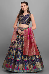 Navy Blue Jacquard Woven Lehenga Choli