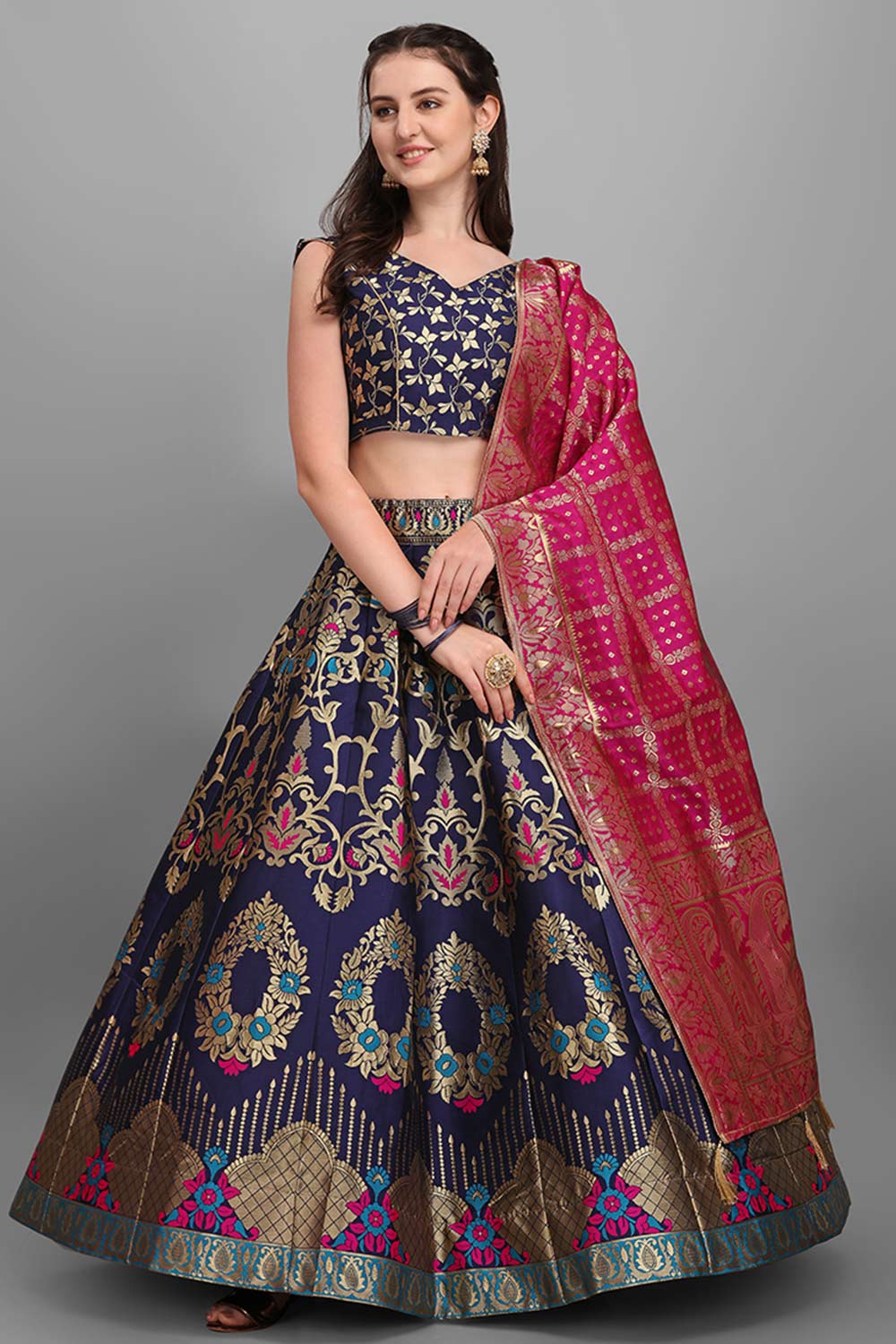 Navy Blue Jacquard Woven Lehenga Choli