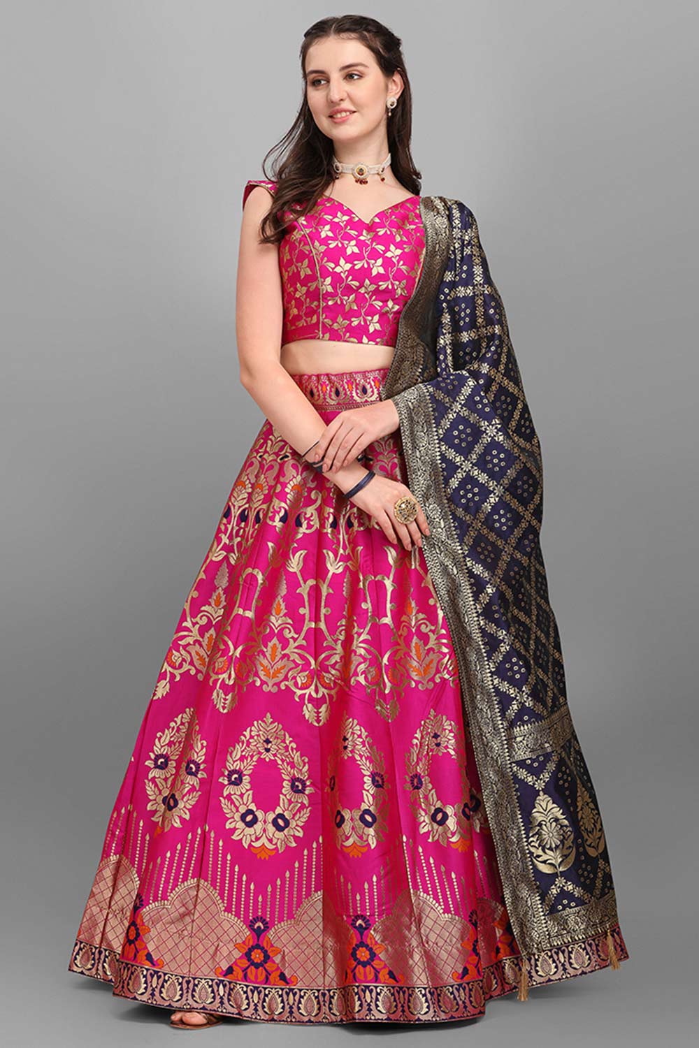 Rani Pink Jacquard Woven Lehenga Choli