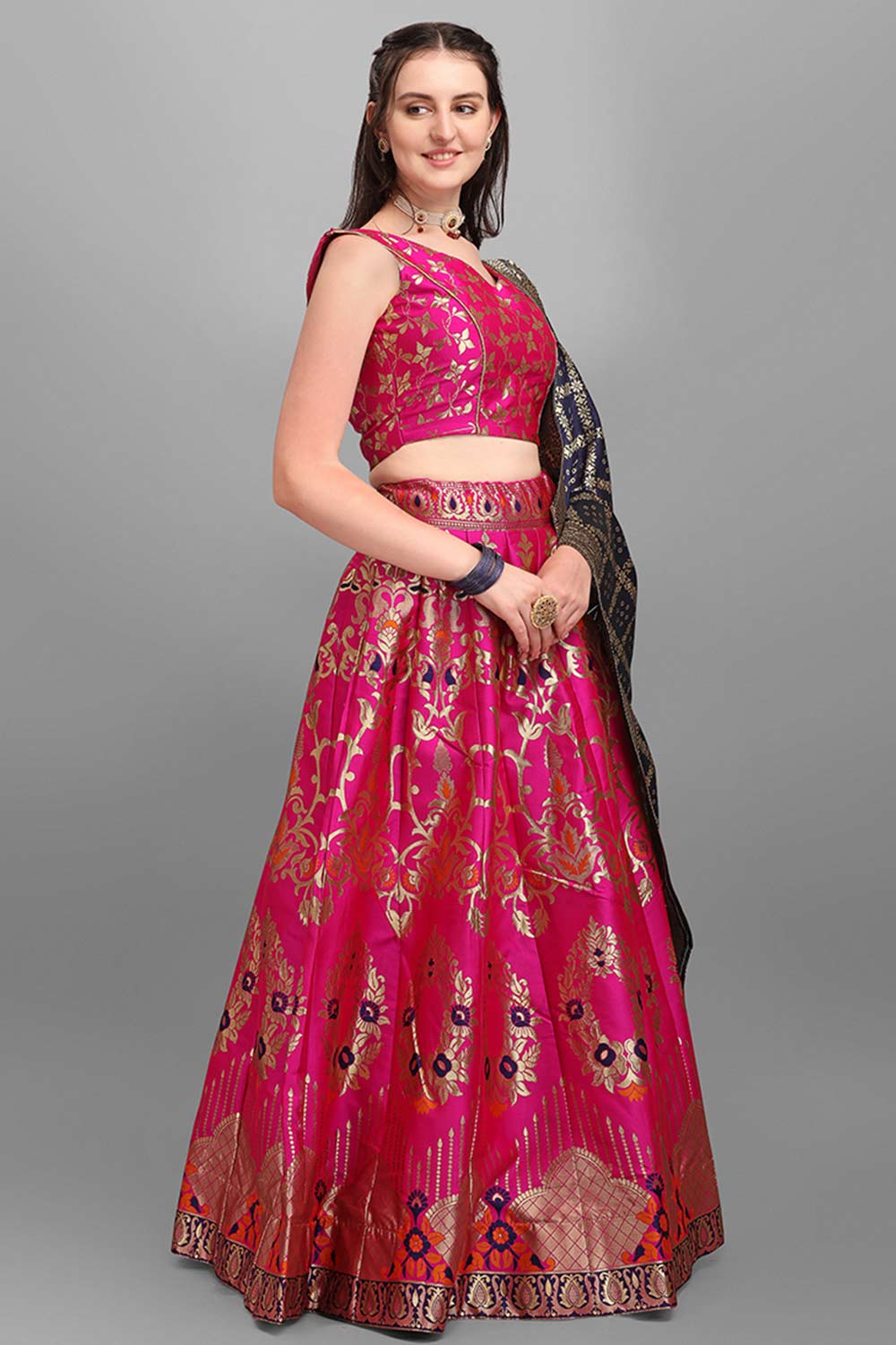 Rani Pink Jacquard Woven Lehenga Choli