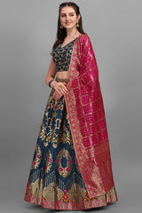 Teal Jacquard Woven Lehenga Choli