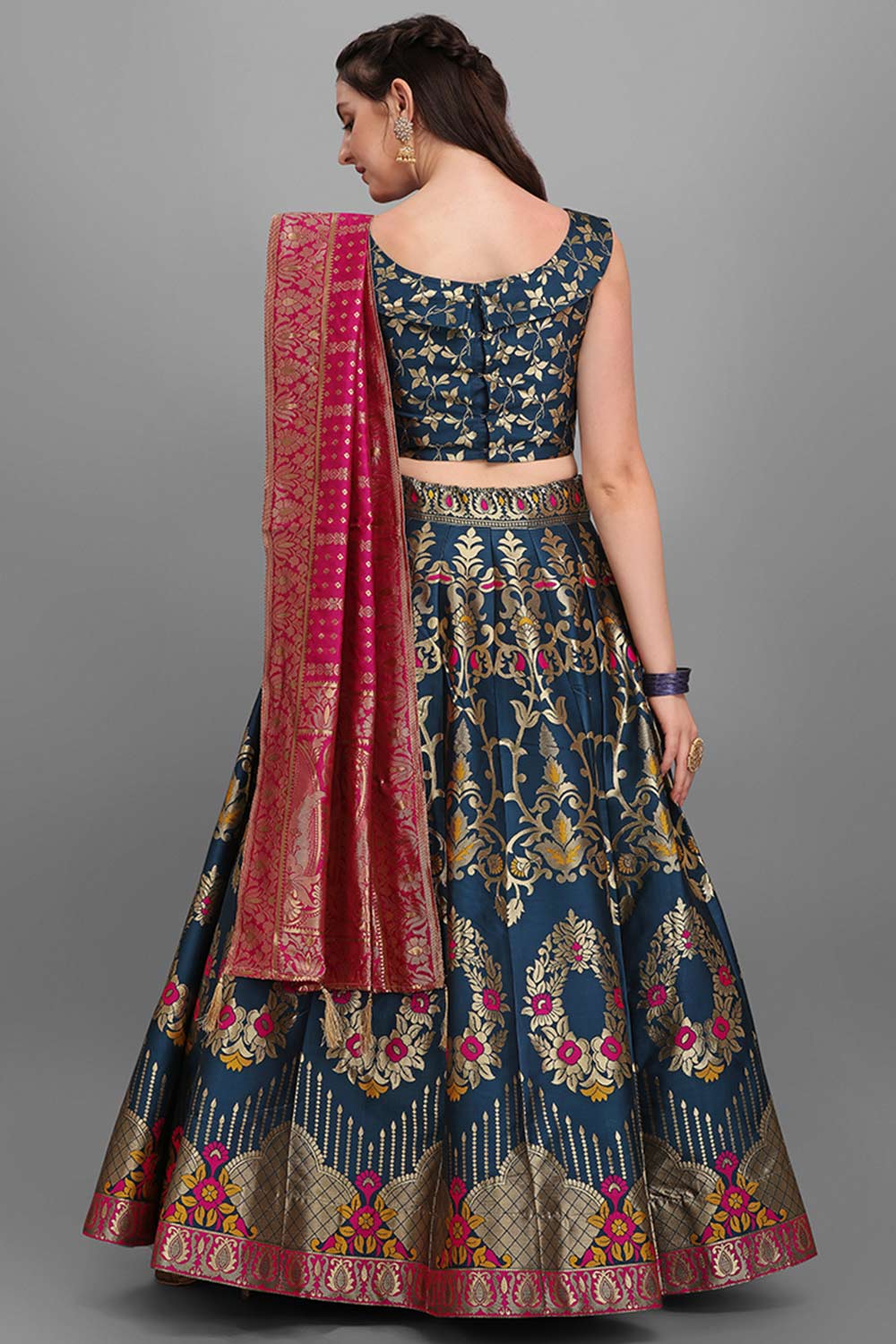 Teal Jacquard Woven Lehenga Choli