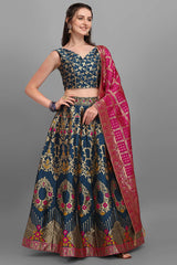 Teal Jacquard Woven Lehenga Choli