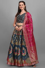 Teal Jacquard Woven Lehenga Choli