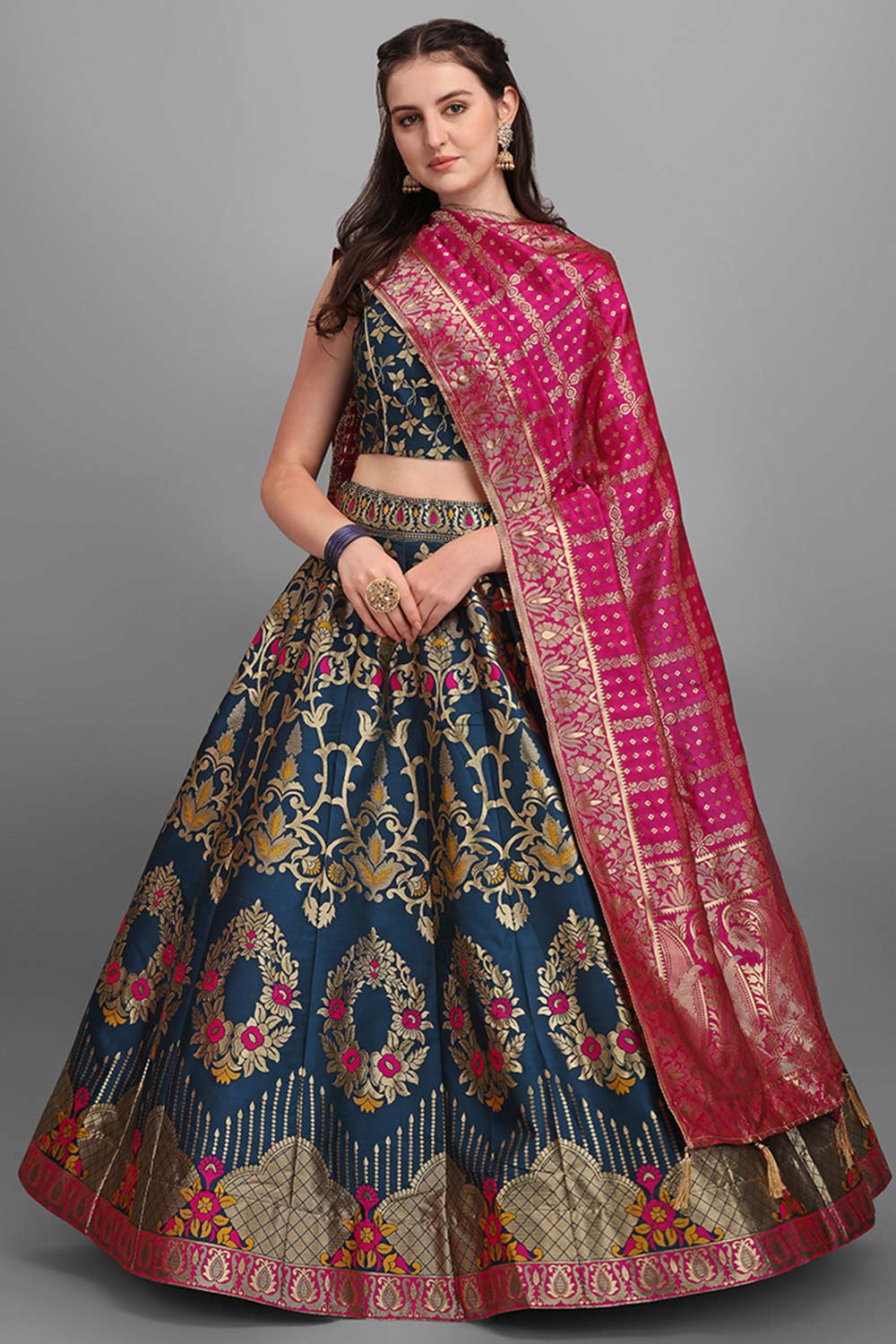 Teal Jacquard Woven Lehenga Choli