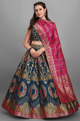 Teal Jacquard Woven Lehenga Choli