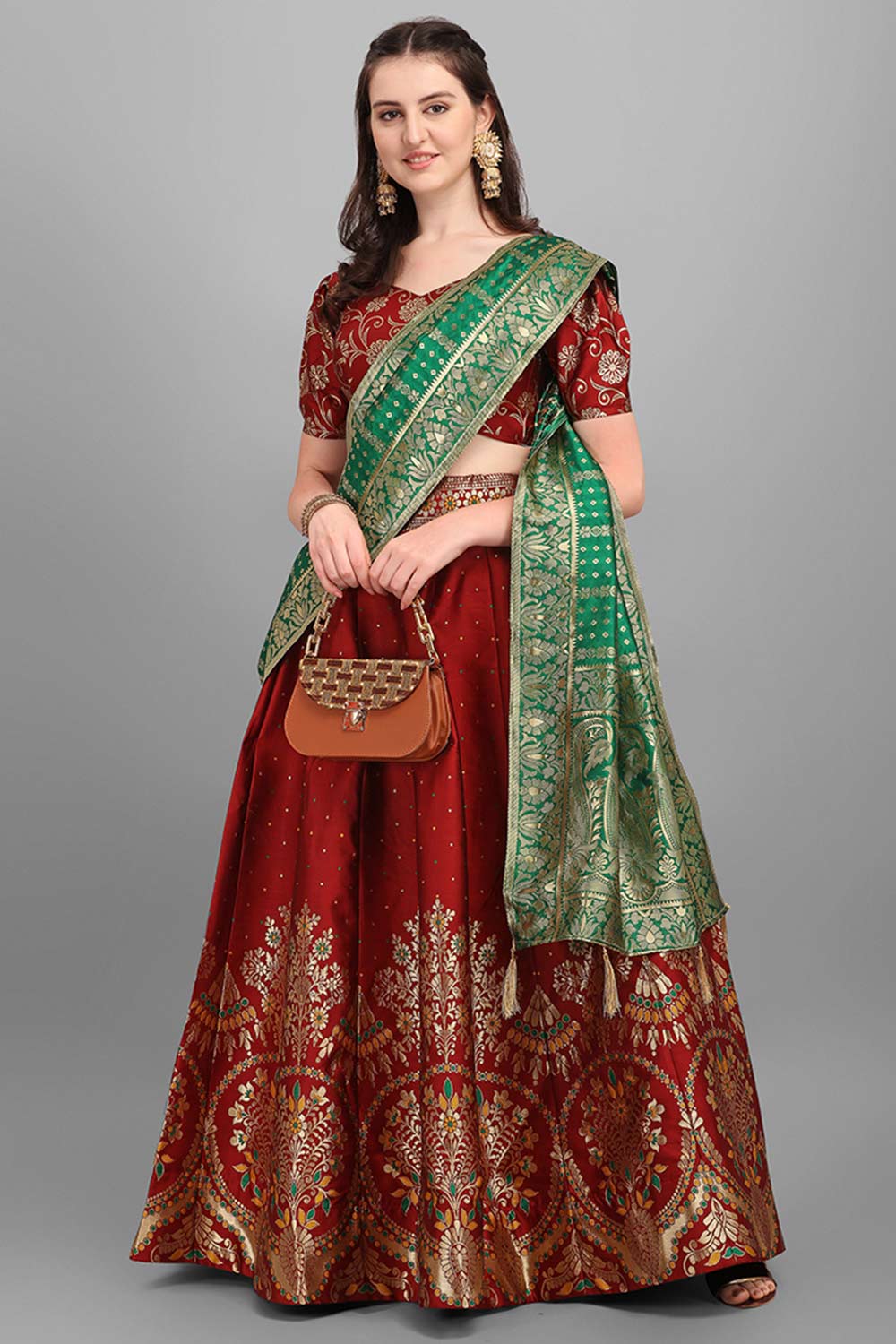 Maroon Jacquard Woven Lehenga Choli