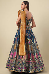 Teal Jacquard Woven Lehenga Choli